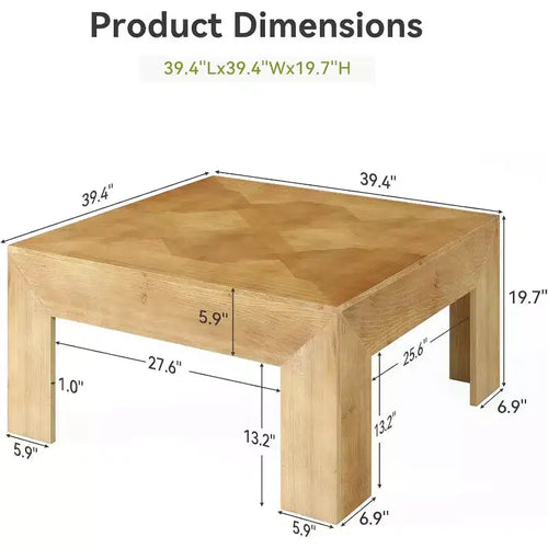 39.4 Solid Wood Coffee Table with Intricate Inlaid Top & Sturdy Legs, Rustic Center Tables for Living Room, Easy Assembly, Brown