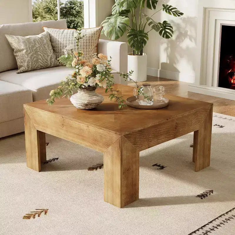 39.4 Solid Wood Coffee Table with Intricate Inlaid Top & Sturdy Legs, Rustic Center Tables for Living Room, Easy Assembly, Brown