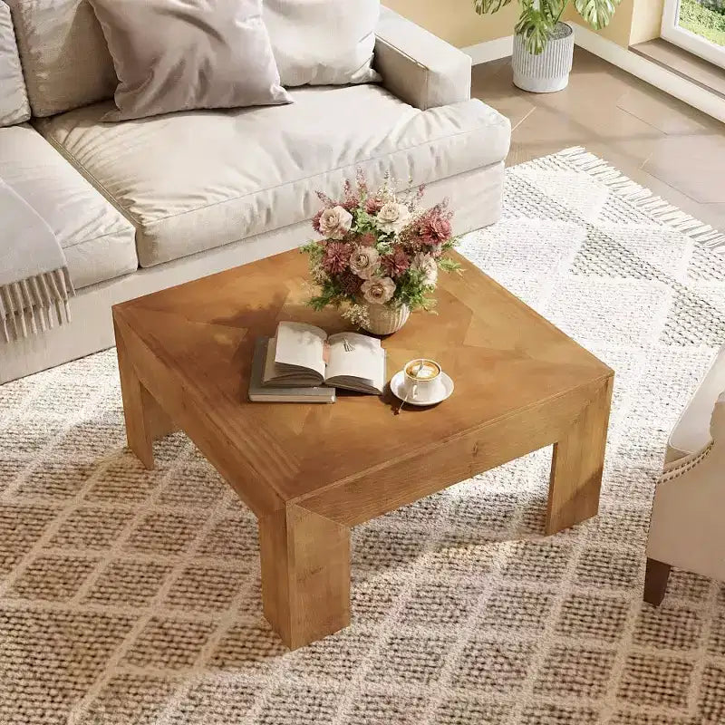 39.4 Solid Wood Coffee Table with Intricate Inlaid Top & Sturdy Legs, Rustic Center Tables for Living Room, Easy Assembly, Brown