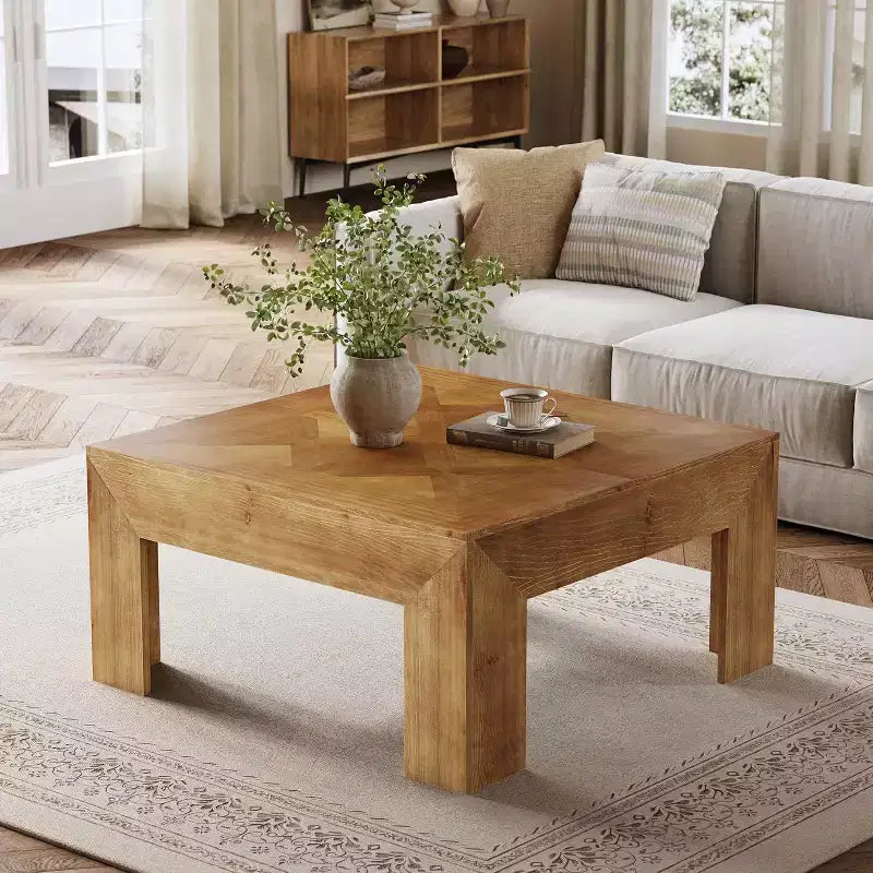 39.4 Solid Wood Coffee Table with Intricate Inlaid Top & Sturdy Legs, Rustic Center Tables for Living Room, Easy Assembly, Brown