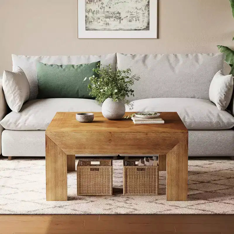 39.4 Solid Wood Coffee Table with Intricate Inlaid Top & Sturdy Legs, Rustic Center Tables for Living Room, Easy Assembly, Brown