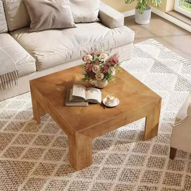 39.4 Solid Wood Coffee Table with Intricate Inlaid Top & Sturdy Legs, Rustic Center Tables for Living Room, Easy Assembly, Brown