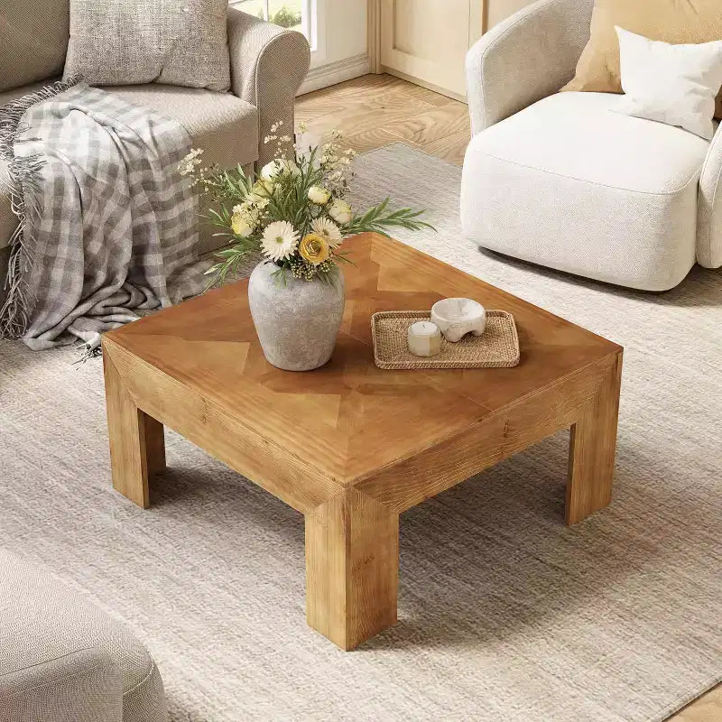 39.4 Solid Wood Coffee Table with Intricate Inlaid Top & Sturdy Legs, Rustic Center Tables for Living Room, Easy Assembly, Brown