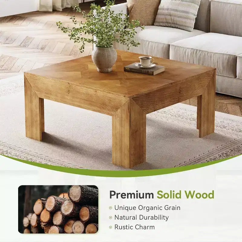 39.4 Solid Wood Coffee Table with Intricate Inlaid Top & Sturdy Legs, Rustic Center Tables for Living Room, Easy Assembly, Brown
