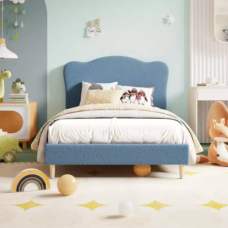 Full Size Upholstered Bed Frame for Kids, Dreamy Fleece Girls Bed with Scallop Headboard, Wooden Slats Support, No Box Spring Needed