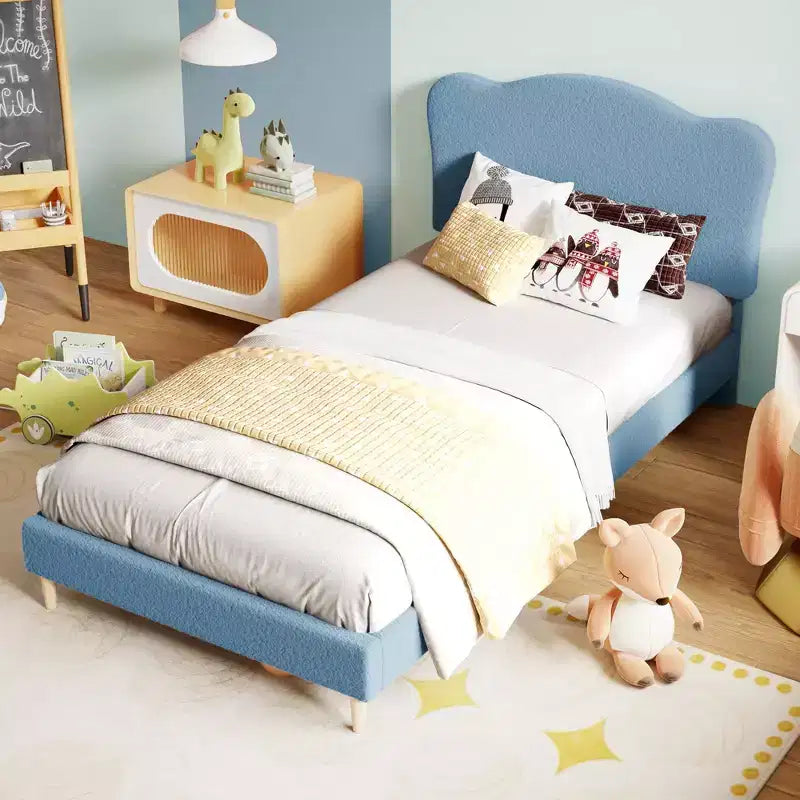 Full Size Upholstered Bed Frame for Kids, Dreamy Fleece Girls Bed with Scallop Headboard, Wooden Slats Support, No Box Spring Needed
