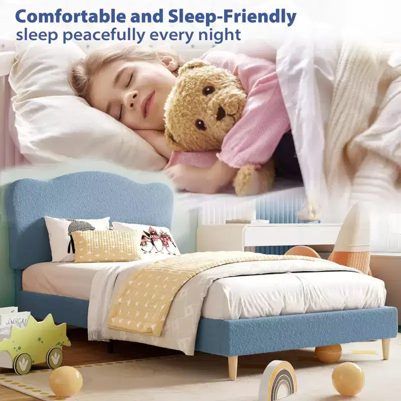 Full Size Upholstered Bed Frame for Kids, Dreamy Fleece Girls Bed with Scallop Headboard, Wooden Slats Support, No Box Spring Needed