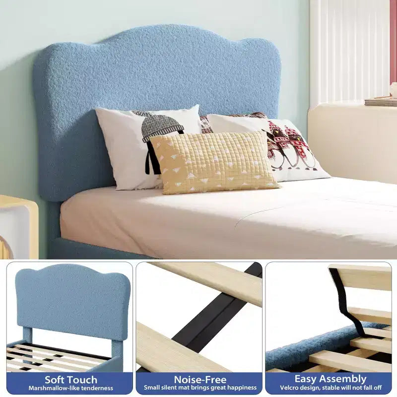 Full Size Upholstered Bed Frame for Kids, Dreamy Fleece Girls Bed with Scallop Headboard, Wooden Slats Support, No Box Spring Needed