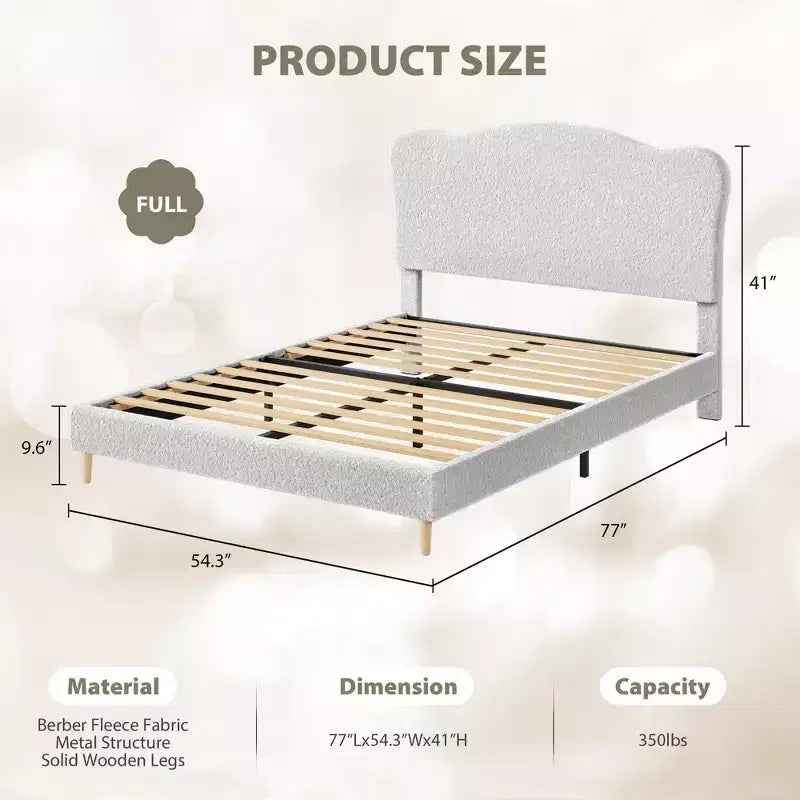 Full Size Upholstered Bed Frame for Kids, Dreamy Fleece Girls Bed with Scallop Headboard, Wooden Slats Support, No Box Spring Needed