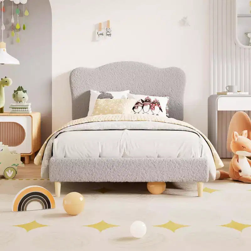 Full Size Upholstered Bed Frame for Kids, Dreamy Fleece Girls Bed with Scallop Headboard, Wooden Slats Support, No Box Spring Needed