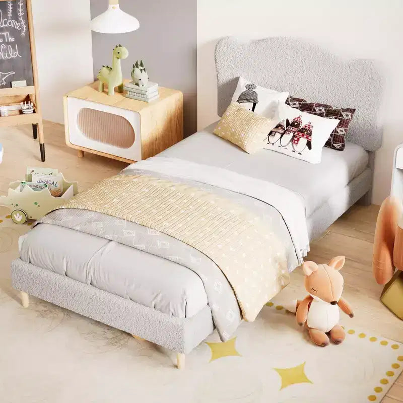 Full Size Upholstered Bed Frame for Kids, Dreamy Fleece Girls Bed with Scallop Headboard, Wooden Slats Support, No Box Spring Needed