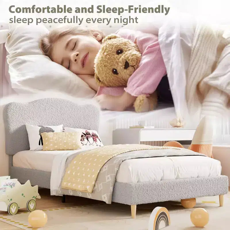 Full Size Upholstered Bed Frame for Kids, Dreamy Fleece Girls Bed with Scallop Headboard, Wooden Slats Support, No Box Spring Needed
