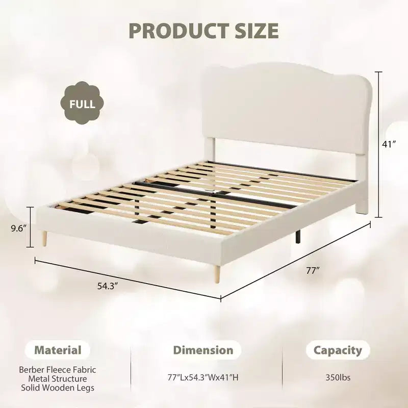 Full Size Upholstered Bed Frame for Kids, Dreamy Fleece Girls Bed with Scallop Headboard, Wooden Slats Support, No Box Spring Needed