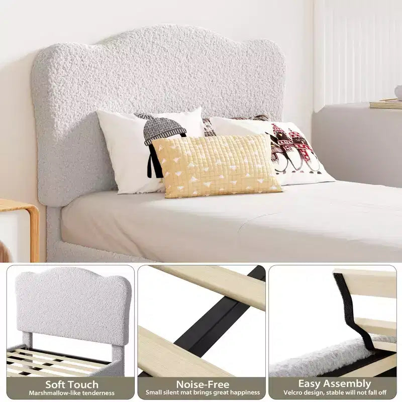 Full Size Upholstered Bed Frame for Kids, Dreamy Fleece Girls Bed with Scallop Headboard, Wooden Slats Support, No Box Spring Needed