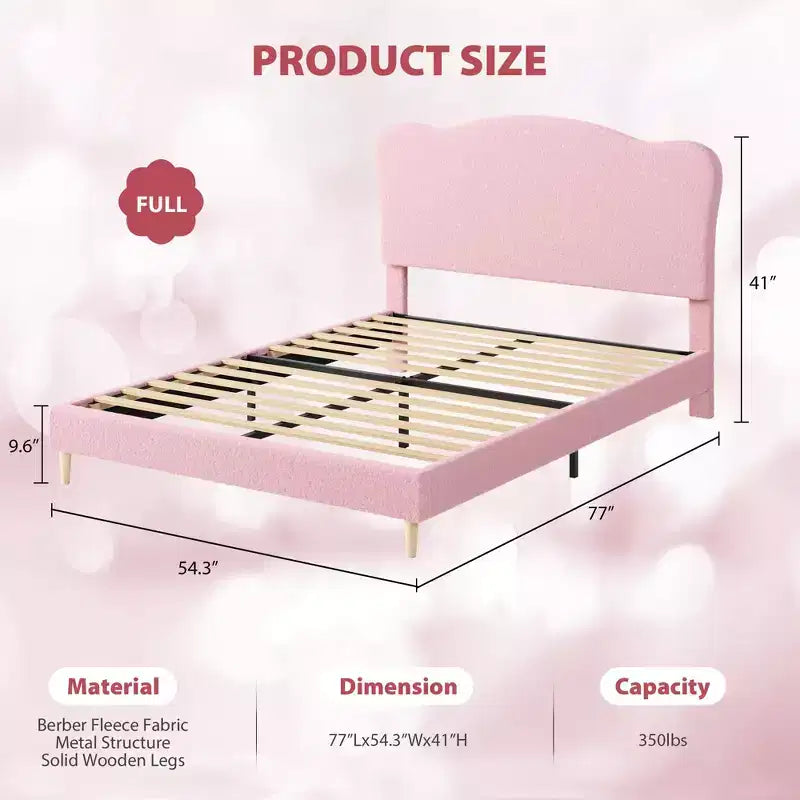 Full Size Upholstered Bed Frame for Kids, Dreamy Fleece Girls Bed with Scallop Headboard, Wooden Slats Support, No Box Spring Needed