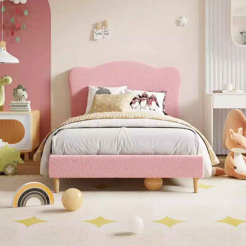 Full Size Upholstered Bed Frame for Kids, Dreamy Fleece Girls Bed with Scallop Headboard, Wooden Slats Support, No Box Spring Needed