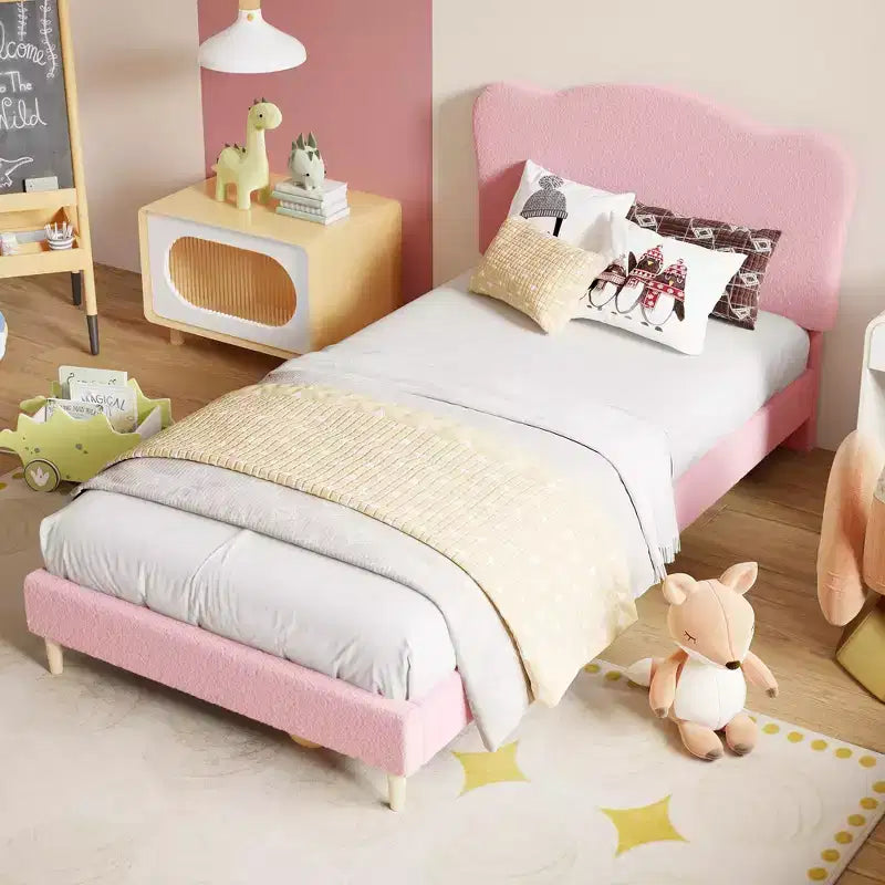 Full Size Upholstered Bed Frame for Kids, Dreamy Fleece Girls Bed with Scallop Headboard, Wooden Slats Support, No Box Spring Needed