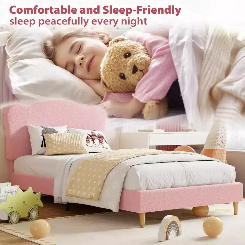 Full Size Upholstered Bed Frame for Kids, Dreamy Fleece Girls Bed with Scallop Headboard, Wooden Slats Support, No Box Spring Needed