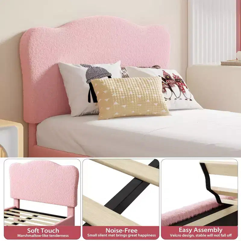 Full Size Upholstered Bed Frame for Kids, Dreamy Fleece Girls Bed with Scallop Headboard, Wooden Slats Support, No Box Spring Needed