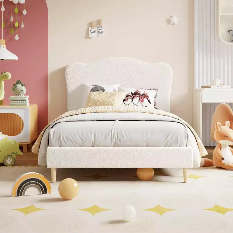 Full Size Upholstered Bed Frame for Kids, Dreamy Fleece Girls Bed with Scallop Headboard, Wooden Slats Support, No Box Spring Needed