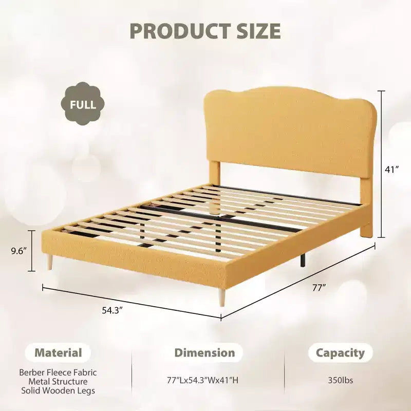 Full Size Upholstered Bed Frame for Kids, Dreamy Fleece Girls Bed with Scallop Headboard, Wooden Slats Support, No Box Spring Needed