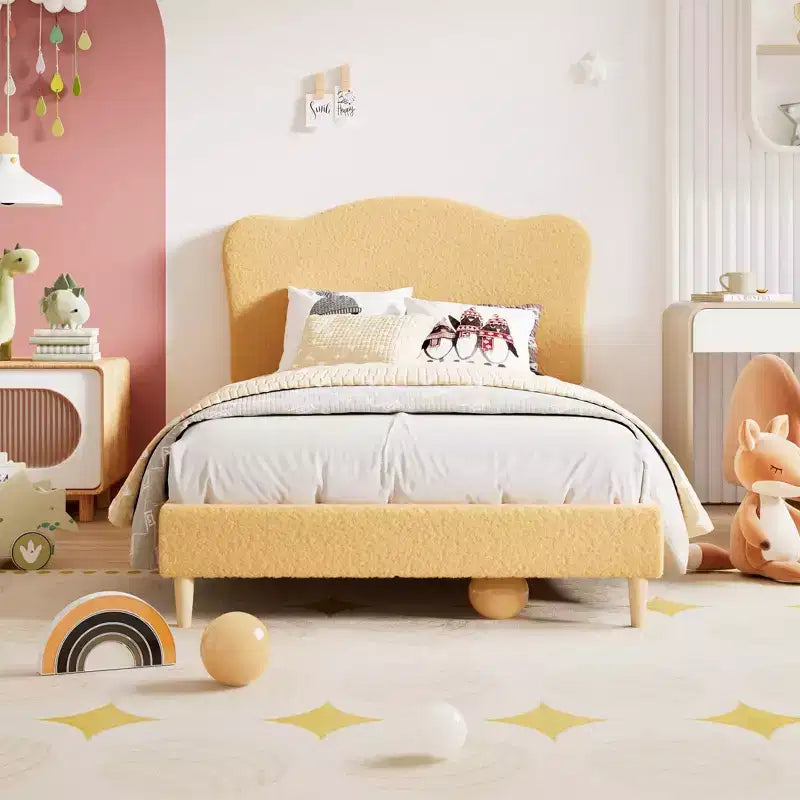 Full Size Upholstered Bed Frame for Kids, Dreamy Fleece Girls Bed with Scallop Headboard, Wooden Slats Support, No Box Spring Needed