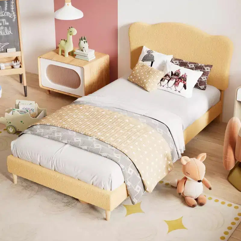Full Size Upholstered Bed Frame for Kids, Dreamy Fleece Girls Bed with Scallop Headboard, Wooden Slats Support, No Box Spring Needed
