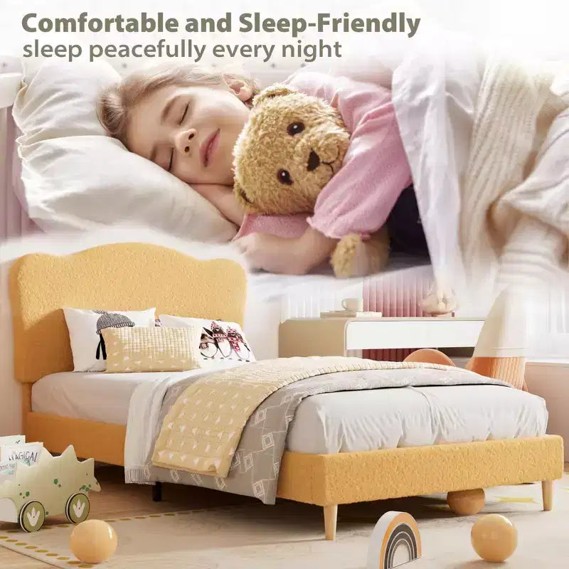 Full Size Upholstered Bed Frame for Kids, Dreamy Fleece Girls Bed with Scallop Headboard, Wooden Slats Support, No Box Spring Needed