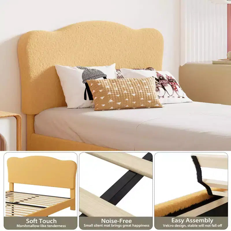Full Size Upholstered Bed Frame for Kids, Dreamy Fleece Girls Bed with Scallop Headboard, Wooden Slats Support, No Box Spring Needed