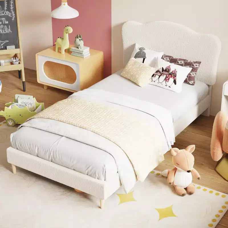 Full Size Upholstered Bed Frame for Kids, Dreamy Fleece Girls Bed with Scallop Headboard, Wooden Slats Support, No Box Spring Needed