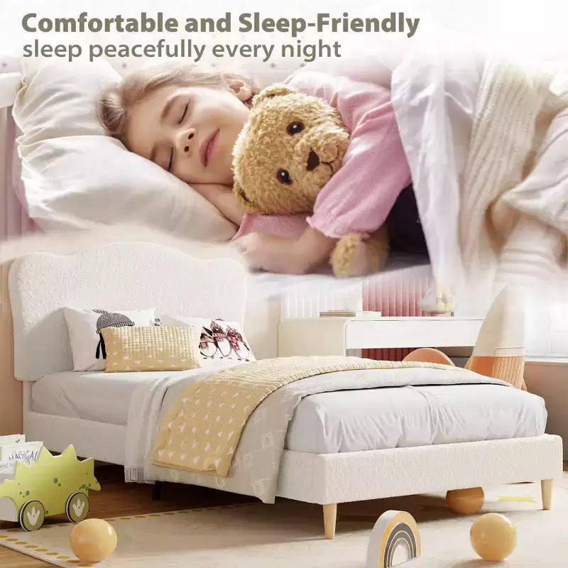 Full Size Upholstered Bed Frame for Kids, Dreamy Fleece Girls Bed with Scallop Headboard, Wooden Slats Support, No Box Spring Needed
