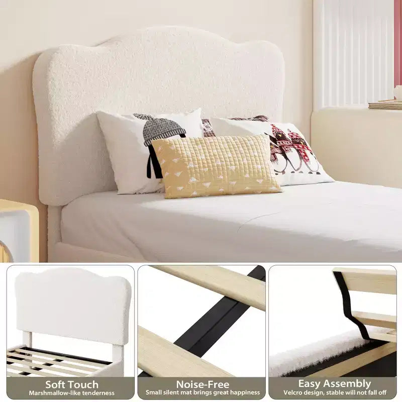 Full Size Upholstered Bed Frame for Kids, Dreamy Fleece Girls Bed with Scallop Headboard, Wooden Slats Support, No Box Spring Needed