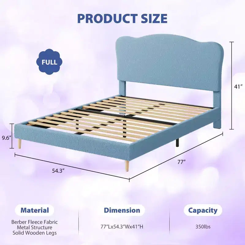Full Size Upholstered Bed Frame for Kids, Dreamy Fleece Girls Bed with Scallop Headboard, Wooden Slats Support, No Box Spring Needed