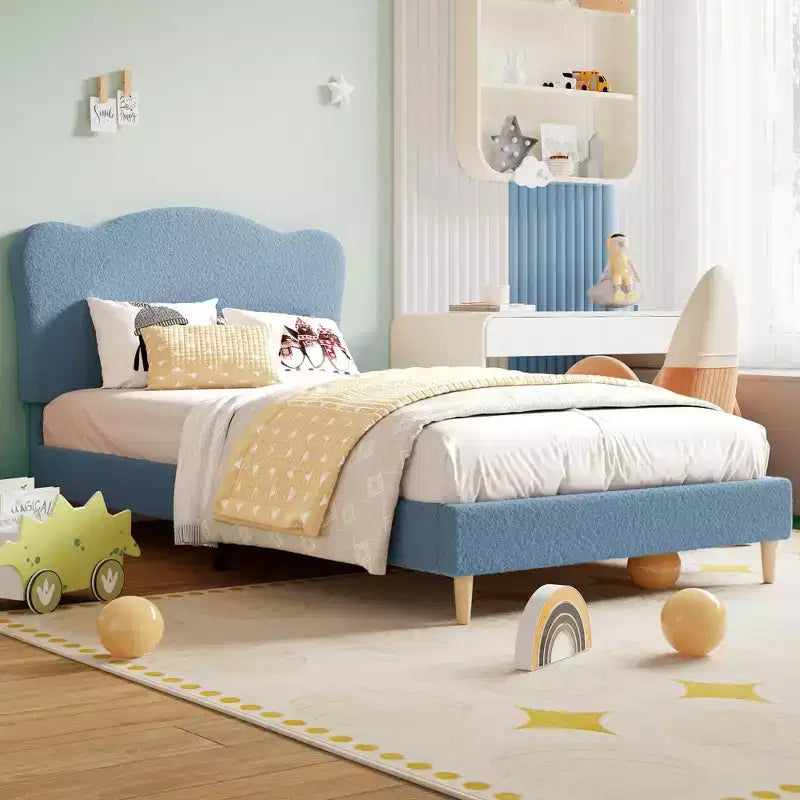 Full Size Upholstered Bed Frame for Kids, Dreamy Fleece Girls Bed with Scallop Headboard, Wooden Slats Support, No Box Spring Needed