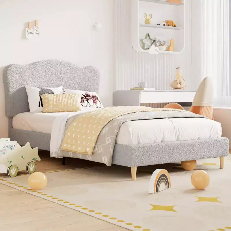 Full Size Upholstered Bed Frame for Kids, Dreamy Fleece Girls Bed with Scallop Headboard, Wooden Slats Support, No Box Spring Needed