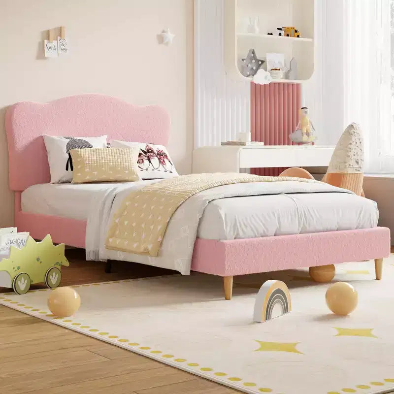 Full Size Upholstered Bed Frame for Kids, Dreamy Fleece Girls Bed with Scallop Headboard, Wooden Slats Support, No Box Spring Needed