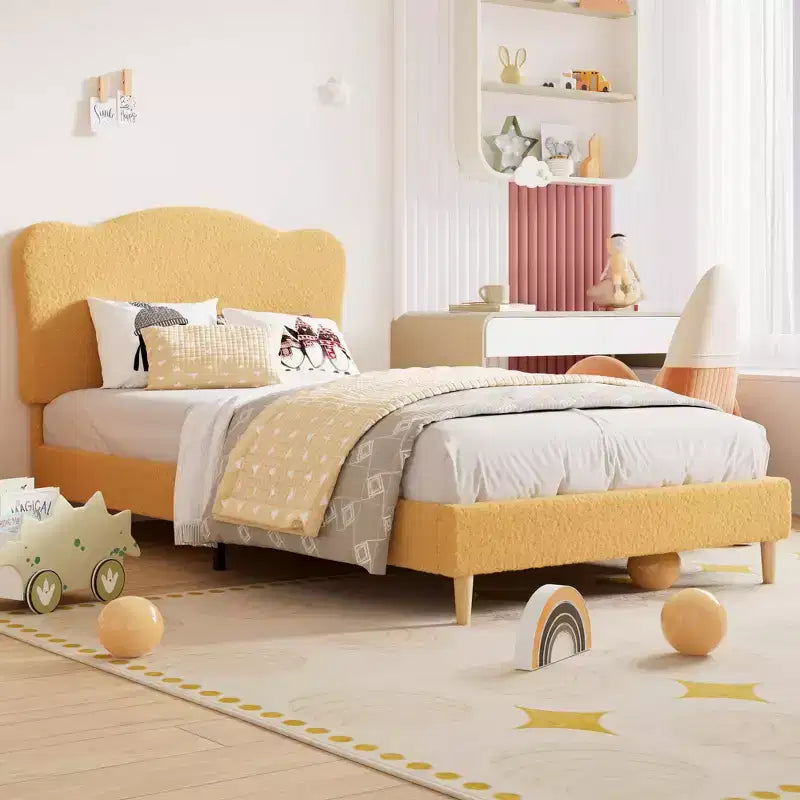 Full Size Upholstered Bed Frame for Kids, Dreamy Fleece Girls Bed with Scallop Headboard, Wooden Slats Support, No Box Spring Needed