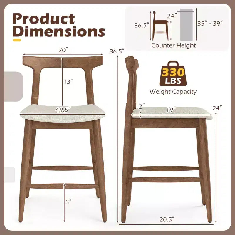 2PCS Counter Height Bar Stools with Curved Backs and Upholstered Cushioned Seats