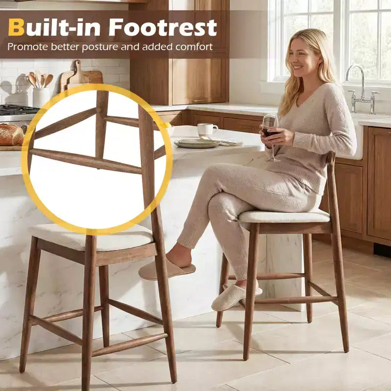 2PCS Counter Height Bar Stools with Curved Backs and Upholstered Cushioned Seats
