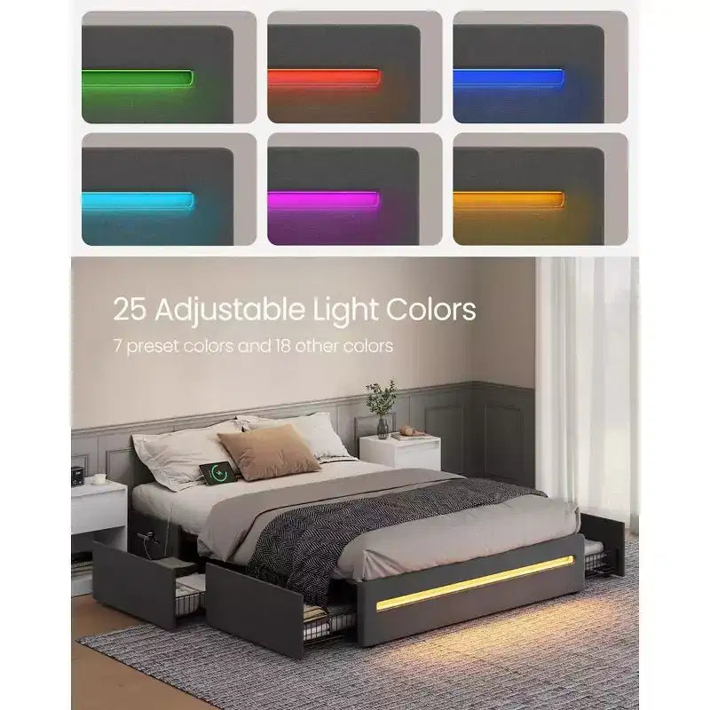 LED Bed Frame Full/Queen Size with 4 Drawers and Charging Station, Full/Queen Bed Frame with 1 USB Port and 1 Type C Port, Dark Gray