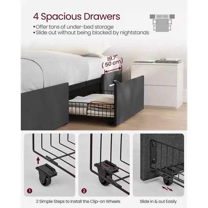 LED Bed Frame Full/Queen Size with 4 Drawers and Charging Station, Full/Queen Bed Frame with 1 USB Port and 1 Type C Port, Dark Gray
