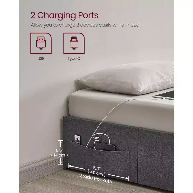 LED Bed Frame Full/Queen Size with 4 Drawers and Charging Station, Full/Queen Bed Frame with 1 USB Port and 1 Type C Port, Dark Gray