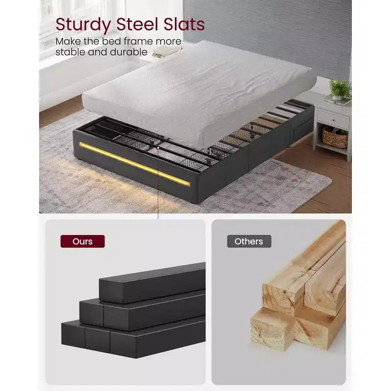 LED Bed Frame Full/Queen Size with 4 Drawers and Charging Station, Full/Queen Bed Frame with 1 USB Port and 1 Type C Port, Dark Gray