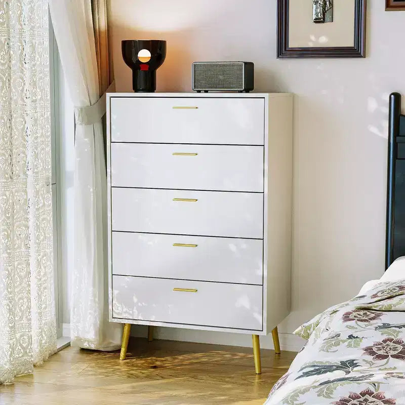 Vertical Dresser Storage Cabinet White 5 Drawer Large Storage Space Tall Cabinet Legs