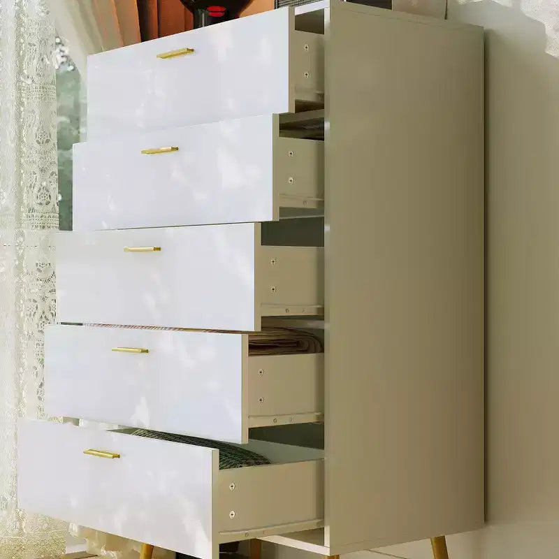 Vertical Dresser Storage Cabinet White 5 Drawer Large Storage Space Tall Cabinet Legs