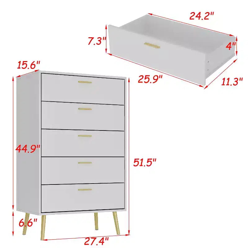 Vertical Dresser Storage Cabinet White 5 Drawer Large Storage Space Tall Cabinet Legs